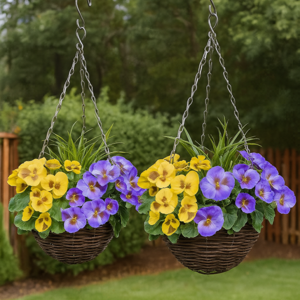 Artificial Purple & Yellow Pansy Round Rattan Hanging Basket (Set of 2) - GB1010