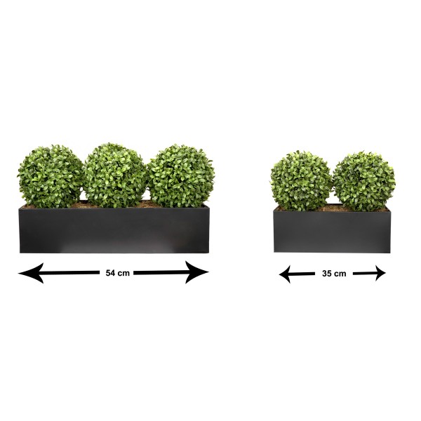 Artificial Topiary Triple Ball Aglaia Boxwood in Black Straight Tin Window Box 54cm/21in - GB1067