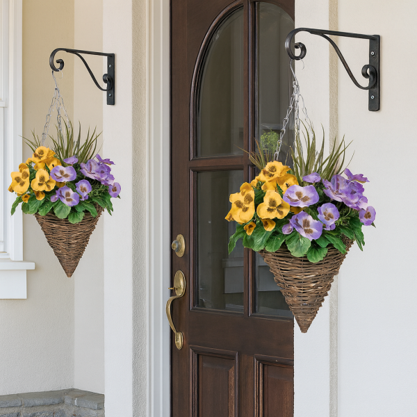 Artificial Purple & Yellow Pansy Cone Shaped Rattan Hanging Basket (Set of 2) - GB1009
