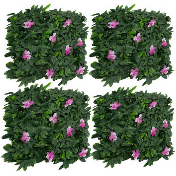 Artificial Green Wall Hedge with Green Leaf Foliage and Purple Flowers Pack of 4 x 50cm/20in - A1266