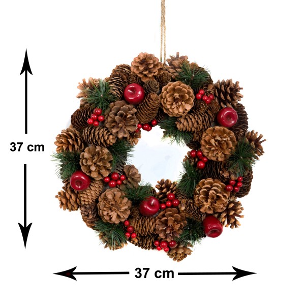 GreenBrokers Christmas Hanging Wreath 37cm Festive Pine Cones & Red Berries D1225