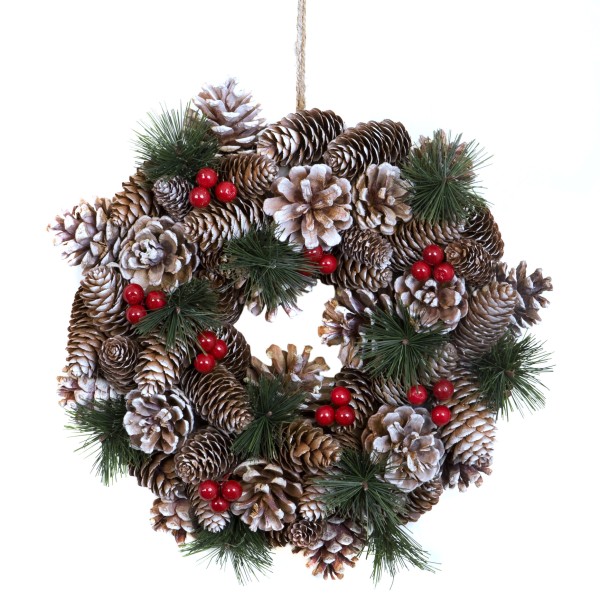GreenBrokers Christmas Hanging Wreath 30cm Pine Cones Berries Subtle Frosting D1227