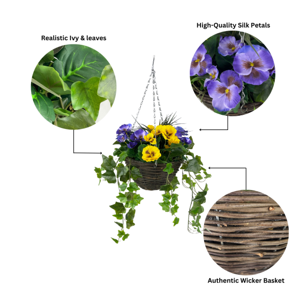 Artificial Purple & Yellow Pansy Hanging Basket with Ivy Vine (25cm) - A1451-GB