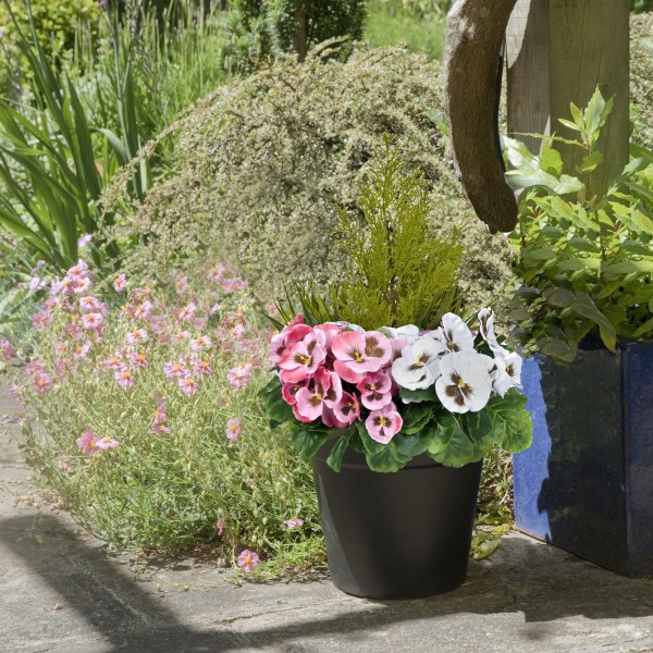 Artificial Pink & White Pansy Black Patio Planter 60cm/24in - GB1079