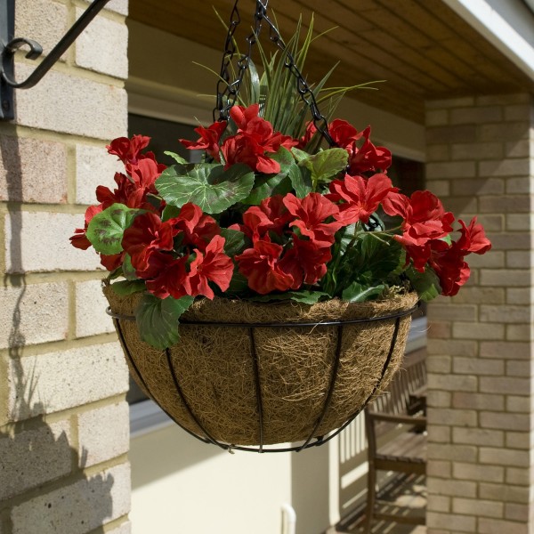 Artificial Red Geranium Round Coir Hanging Basket (Set of 2) - GB1186