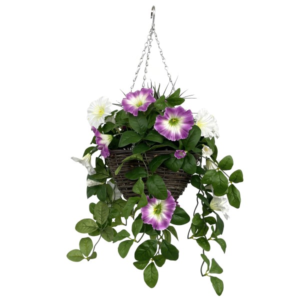 Artificial Pink & White Petunia Round Rattan Hanging Basket (25cm) - A1430
