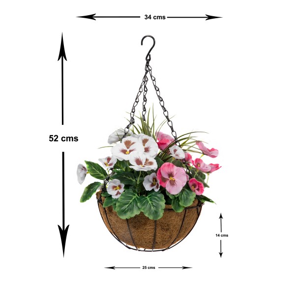 Artificial Pink & White Round Coir Hanging Basket (Set of 2)