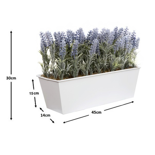 Artificial Lavender Tin White Planter Window Box 45cm/18in - GB1019