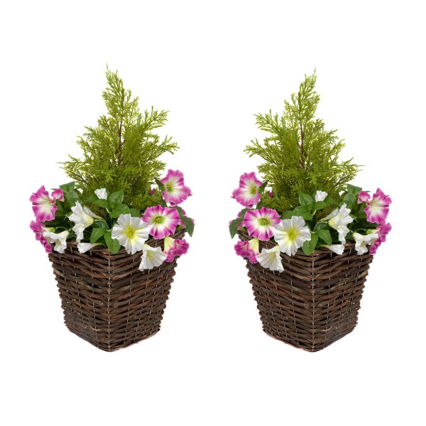 Artificial Pink & White Petunia Rattan Patio Planters 60cm/24in (Set of 2) - GB1192