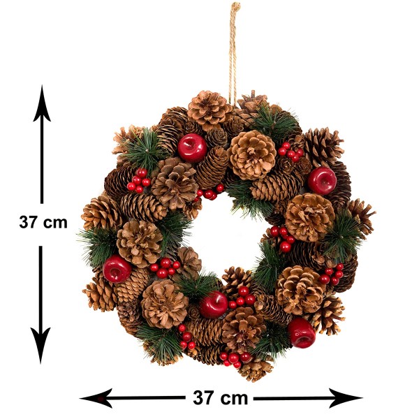 Christmas Hanging Wreath Festive Pine Cone Display Red Berries 37cm 