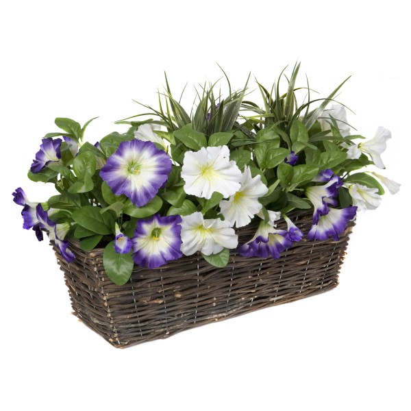 Artificial Purple & White Petunia Rattan Window Box 58cm/23in - GB1197
