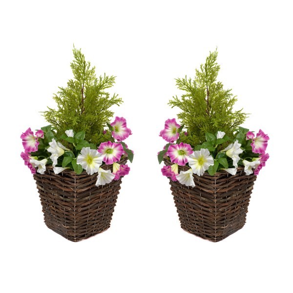 Artificial Pink & White Petunia Rattan Patio Planters 60cm/24in (Set of 2) - GB1192