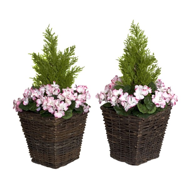 Artificial Pink Geranium Rattan Patio Planters 60cm/24in (Set of 2)