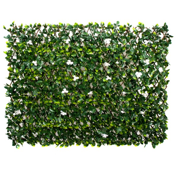 Artificial Expanding Willow Trellis Fence with Green Foliage and White Flowers(1m x 2m)