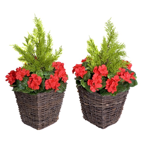 Artificial Red Geranium Rattan Patio Planters (Set of 2) 60cm/24in - GB1256