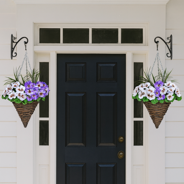 Artificial Purple & White Pansy Cone Shaped Rattan Hanging Basket (Set of 2) - GB1011