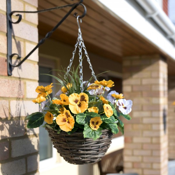 Artificial Purple & White Pansy Round Rattan Hanging Baskets (Set of 2)