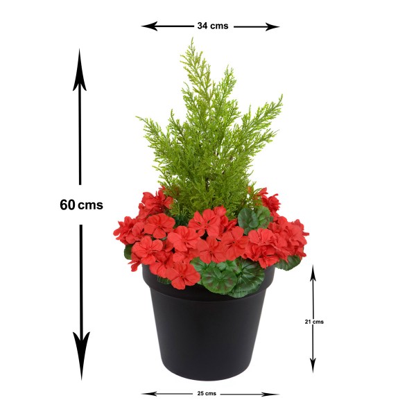 Artificial Red Geranium Black Patio Planter 60cm/24in
