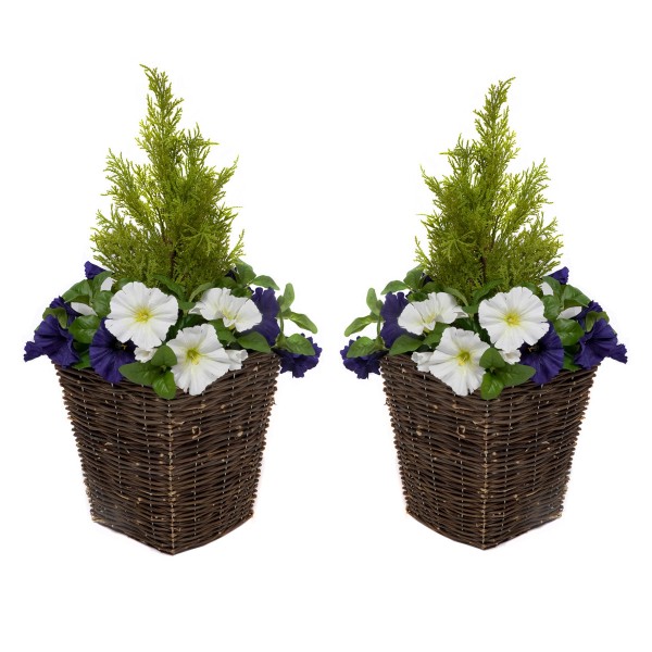 Artificial Dark Purple & White Petunia Rattan Patio Planters 60cm/24in (Set of 2) - GB1191