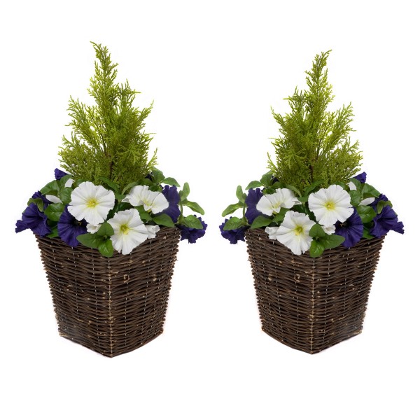 Artificial Dark Purple & White Petunia Rattan Patio Planters 60cm/24in (Set of 2)