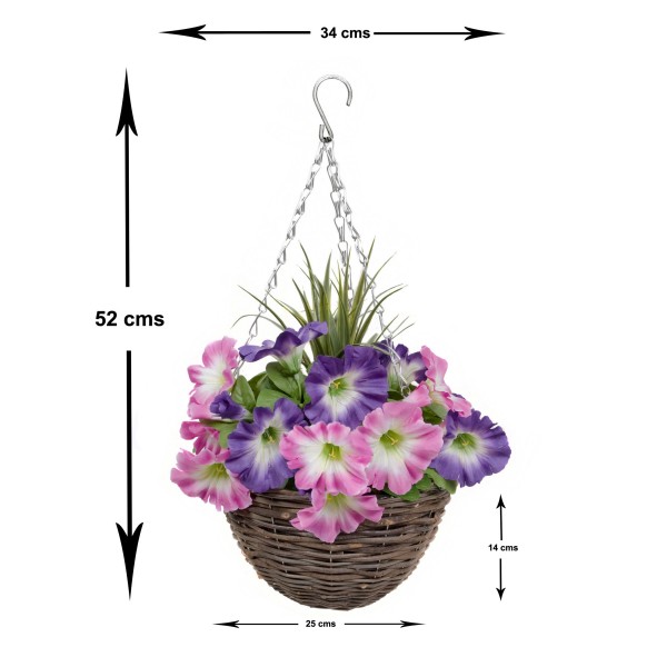 Artificial Pink & Purple Round Rattan Petunia Hanging Baskets (Set of 2) - GB1182