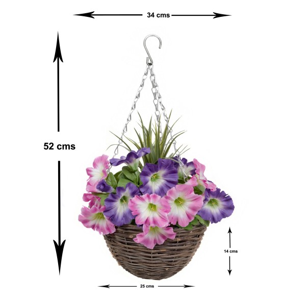 Artificial Pink & Purple Round Rattan Petunia Hanging Baskets (Set of 2)