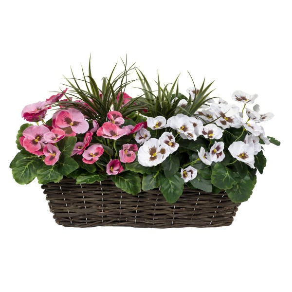 Artificial Pink & White Pansy Rattan Window Box 58cm/23in