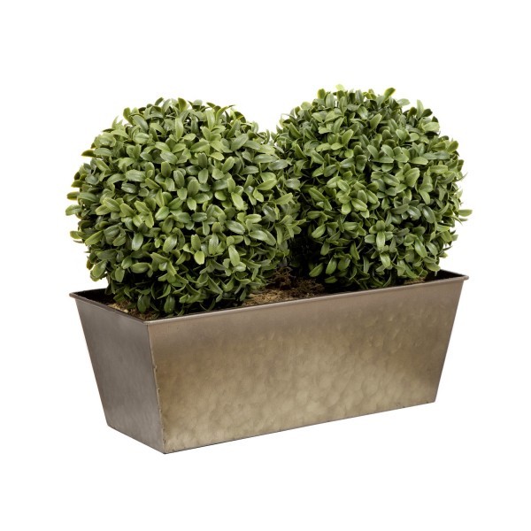 Artificial Topiary Double Ball Aglaia Boxwood in Rustic Slanted Tin Window Box 35cm/14in - A1029