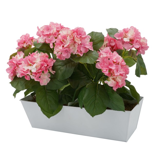 Artificial Pink Hydrangea in White Metal Window Box - GB1384