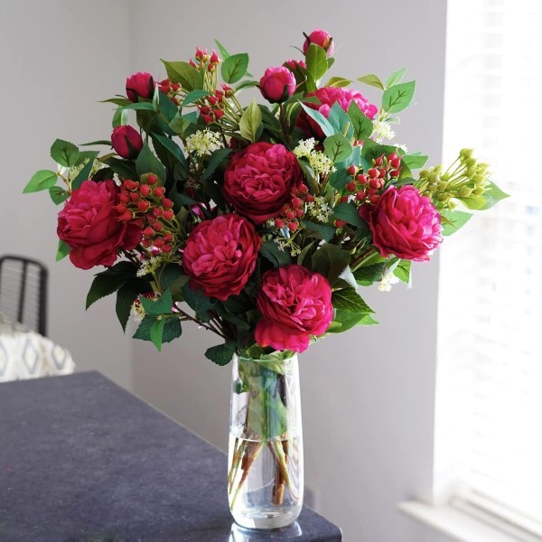 Artificial Dark Pink Flower Bouquet with Peonies, Elderflower, Berries & Greenery - A1208