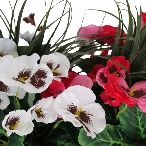 Artificial Grey Rattan 40cm Window Box with Pink & White Pansies and Decorative Grasses - G1327
