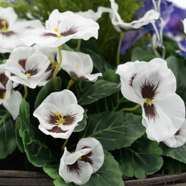 Artificial Purple & White Pansy Round Rattan Hanging Basket 40cm/16in