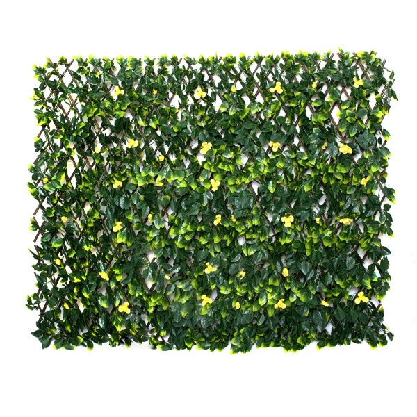Artificial Expanding Green Wall Willow Trellis Fence with Green Foliage and Yellow Flowers (1m x 2m)