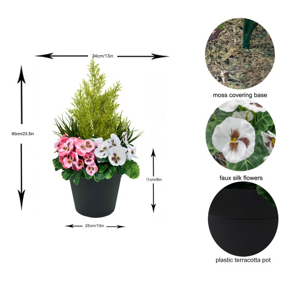 Artificial Pink & White Pansy Black Patio Planter 60cm/24in - GB1079
