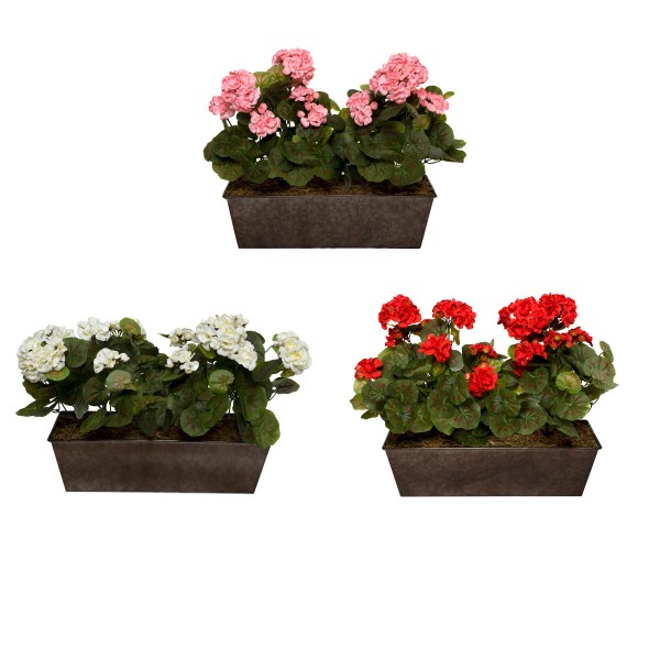  Artificial White Geraniums in Rustic Tin Window Box 45cm/18in