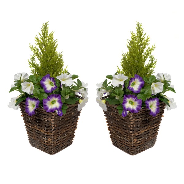 Artificial Purple & White Petunia Rattan Patio Planters 60cm/24in (Set of 2) - GB1193