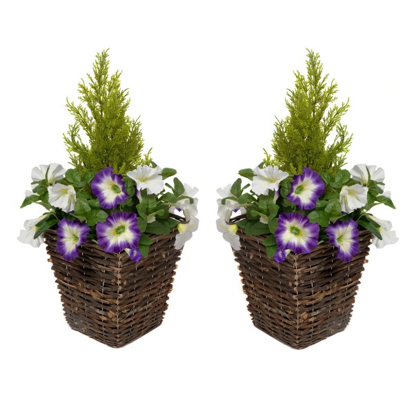 Artificial Purple & White Petunia Rattan Patio Planters 60cm/24in (Set of 2)
