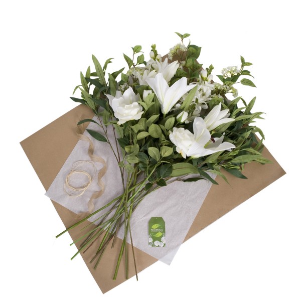 Artificial White Flower Bouquet with Lilies, Roses, Delphiniums, Elderflower & Greenery