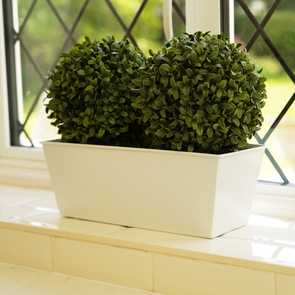 Artificial Topiary Double Ball Aglaia Boxwood in White Slanted Tin Window Box 35cm/14in - GB1057