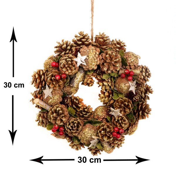 GreenBrokers Christmas Wreath 30cm Gold Pine Cones Red Berries Festive Decor D1236