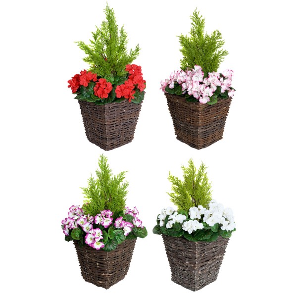 Artificial White Geranium Rattan Patio Planters (Set of 2) 60cm/24in - GB1259