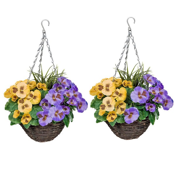 Artificial Purple & Yellow Pansy Round Rattan Hanging Basket (Set of 2)