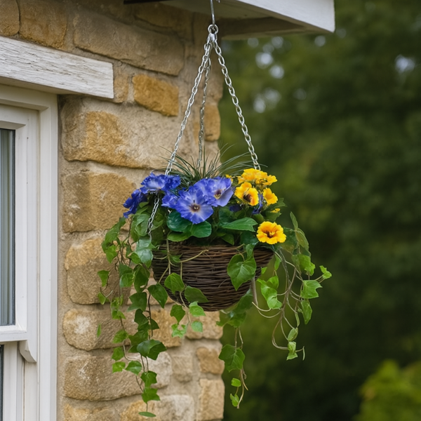 Artificial Purple and Yellow Hanging Basket with Ivy (30cm) - GB1453