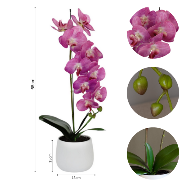 Elegant Large Single Stem Pink Real Touch Artificial Potted Orchid (65cm) in Round White Ceramic Pot A1318