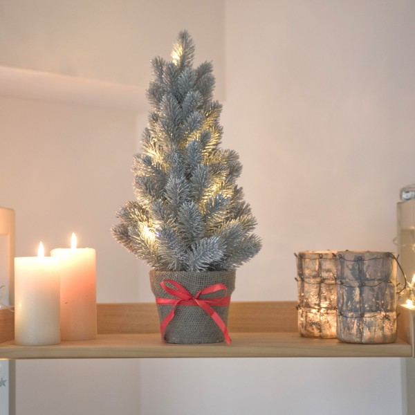 Artificial Mini Silver Christmas Tree with LED Lights in Pot 50cm