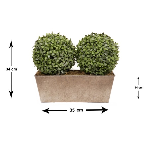 Artificial Topiary Double Ball Aglaia Boxwood in Rustic Slanted Tin Window Box 35cm/14in - GB1029