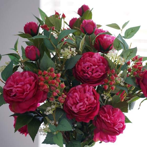 Artificial Dark Pink Flower Bouquet with Peonies, Elderflower, Berries & Greenery - GB1208