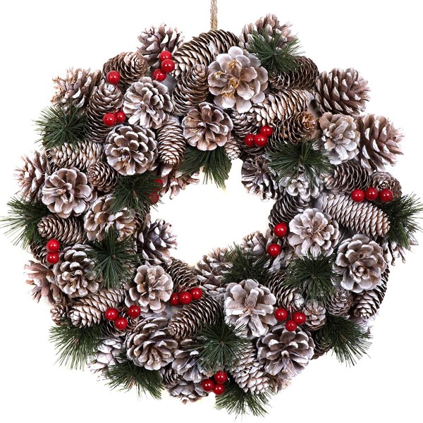 Christmas Hanging Wreath Festive Pine Cone Display Subtle White Frosting 38cm