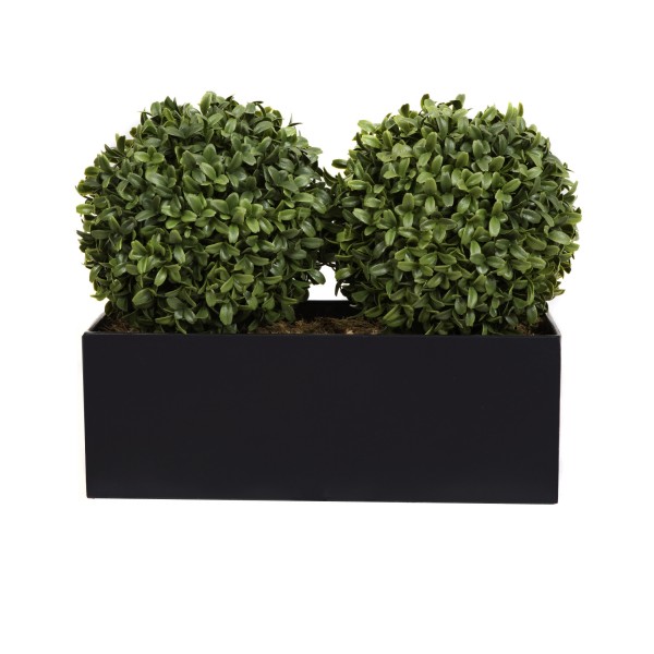 Artificial Topiary Double Ball Aglaia Boxwood in Black Straight Tin Window Box 35cm/14in - A1071-GB