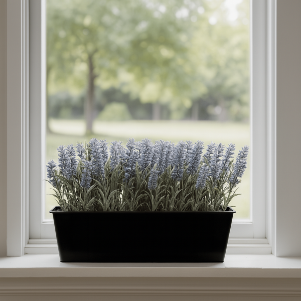 Artificial Lavender Tin Black Planter Window Box 45cm/18in - A1073